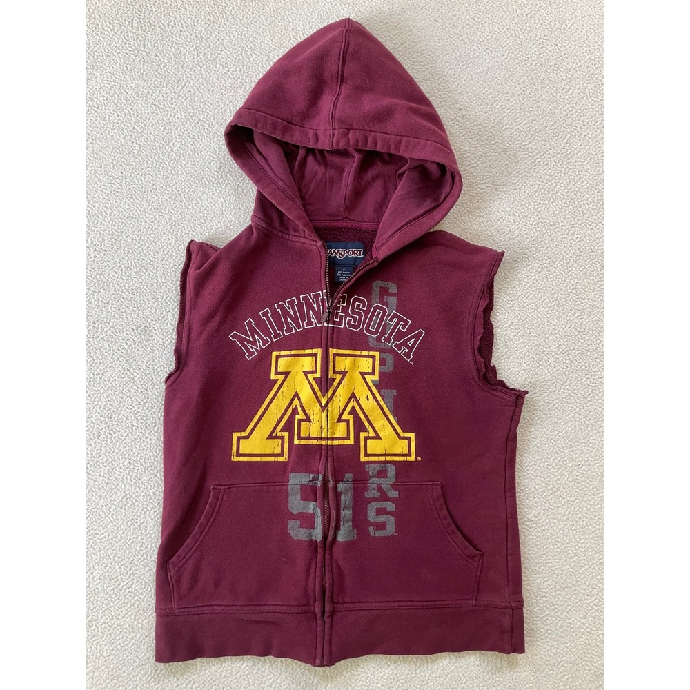 JanSport Mens Small Zip Hoodie Maroon Minnesota Gophers Cut Sleeves Distressed